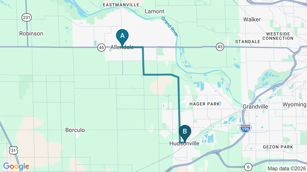 Driving directions map from Allendale, MI to Essential Life Chiropractic in Freehold