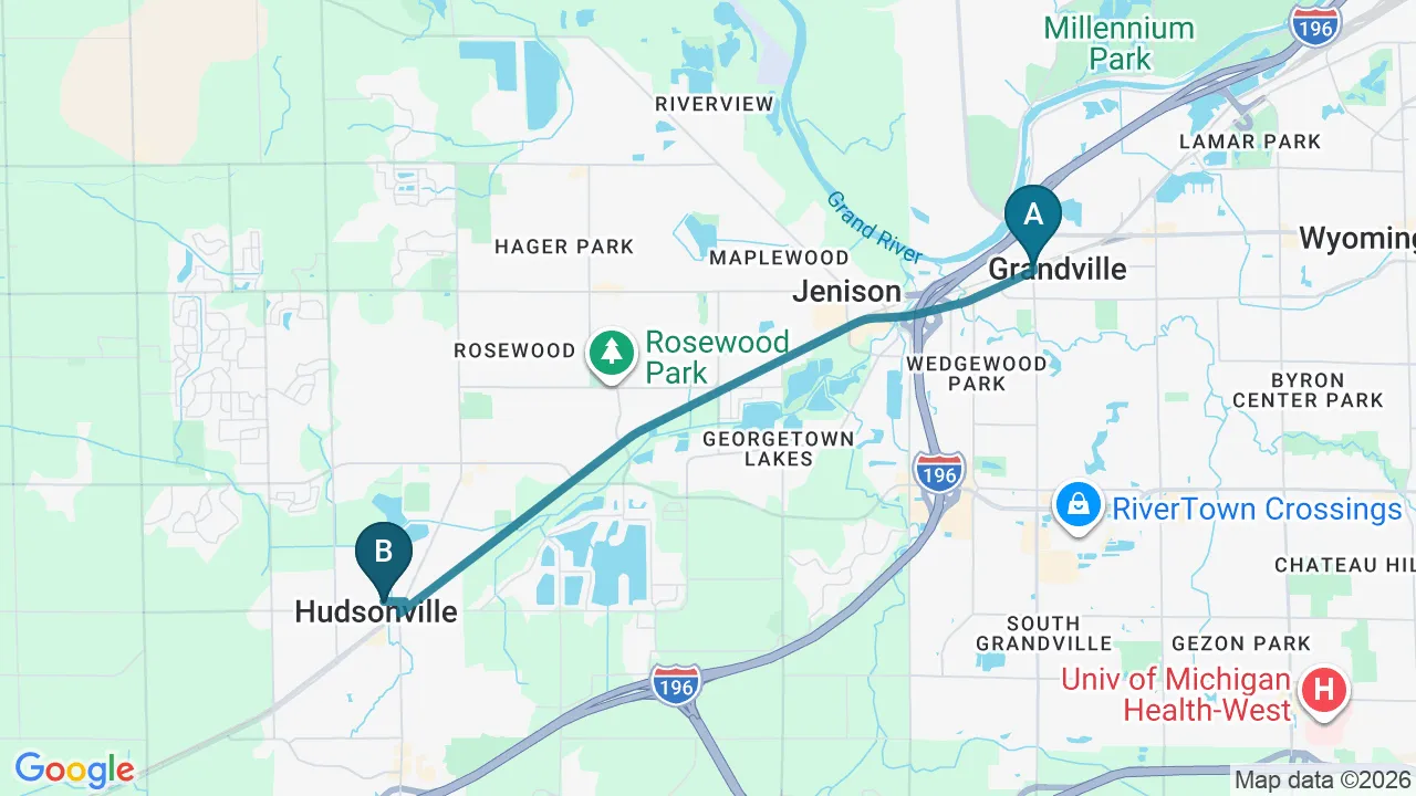 Driving directions map from Grandville, MI to Essential Life Chiropractic in Freehold