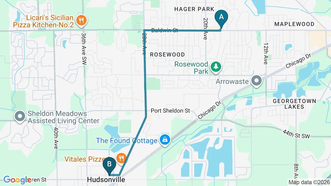 Driving directions map from Jenison, MI to Essential Life Chiropractic in Freehold
