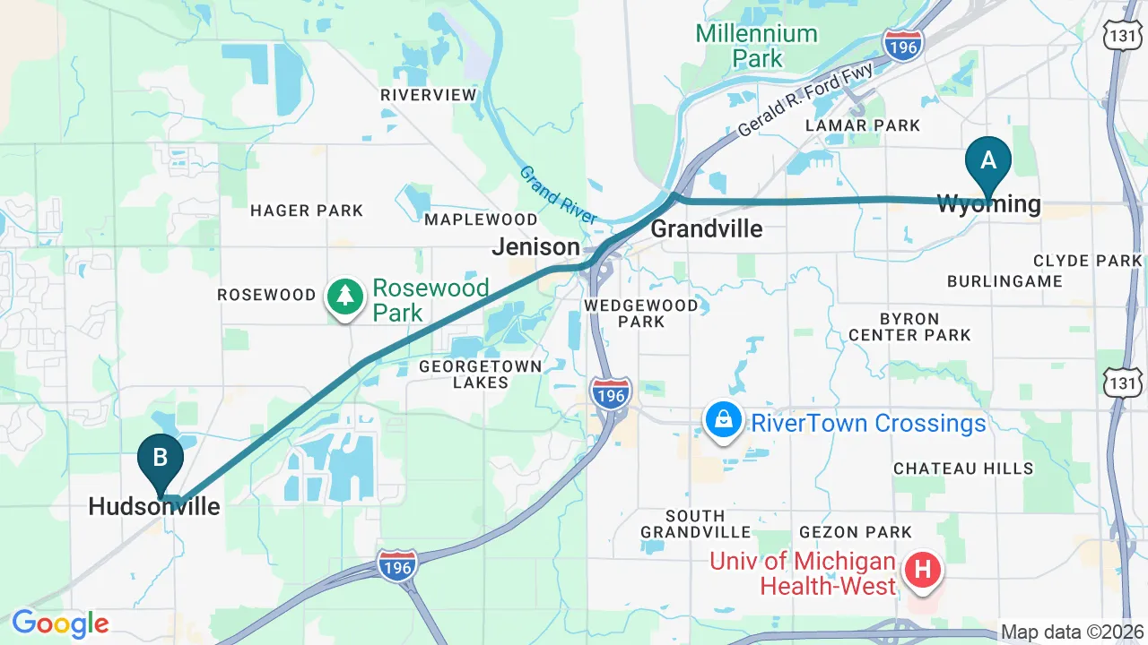 Driving directions map from Wyoming, MI to Essential Life Chiropractic in Freehold