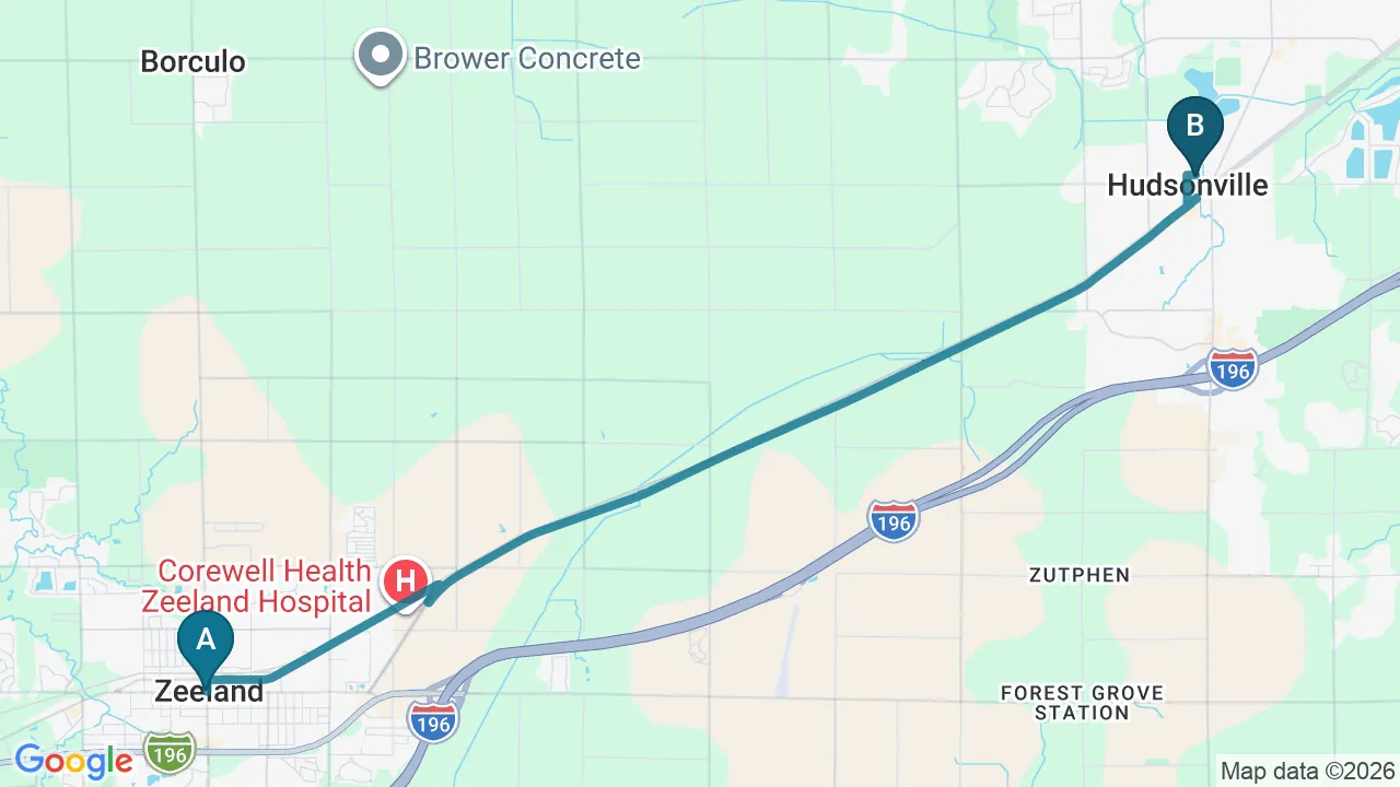 Driving directions map from Zeeland, MI to Essential Life Chiropractic in Freehold